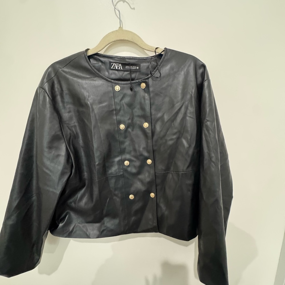 Zara Double-Breasted Black Leather Jacket